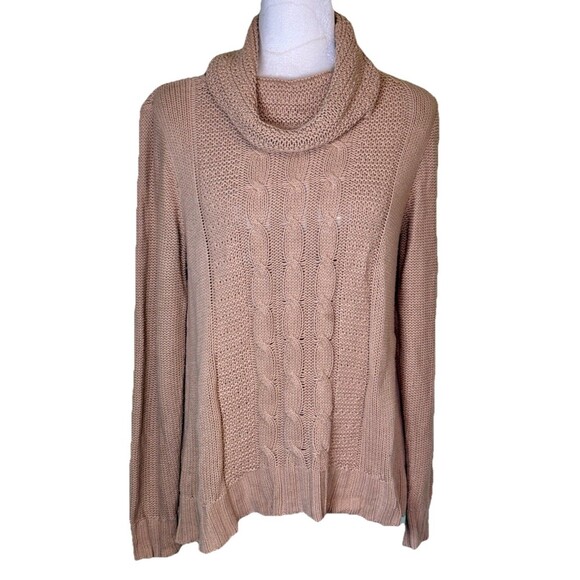 Women’s Beige Cable Knit Cowl Neck Chunky Sweater Minimalist Comfy Winter Sz XL - Picture 1 of 9
